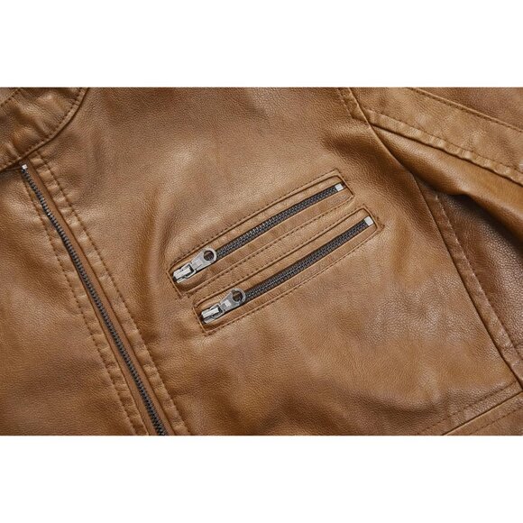 Men's Brown1304 Stand Collar Leather Motorcycle Lightweight Faux Leather Jacket - Picture 3 of 6